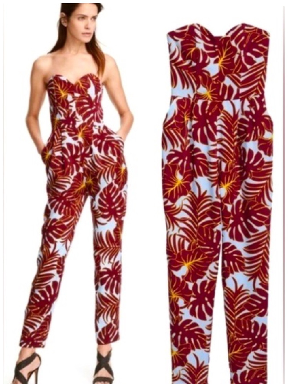 H&M Conscious Tropical Palm Leaf Strapless Jumpsuit Size 2 Bloggers Fav